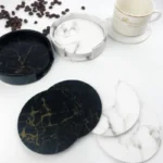 6pcsMarble Coaster Artificial Leather 10cm Oil and Water Resistant Heat Resistant With Base Double Sided Leather Coffee Coasters - Image 2