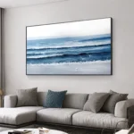 Large Ocean Beach Flowers Seascape Original Textured Painting On Canvas White Blue Sea Wave Wall Art Home Decor Art For Bedroom - Image 3