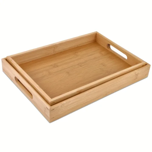 2PCS/SET Bamboo Dinner Trays - Rectangular (16.5"x11.6", 15.5"x10.6") - For Couch Eating, Serving, Kitchen Decor, Parties.