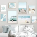 Ocean Beach Bridge Wall Art Canvas Paintings Sea Palm Tree Leaves Bus Posters Nordic Living Room Prints Pictures for Home Decor - Image 2