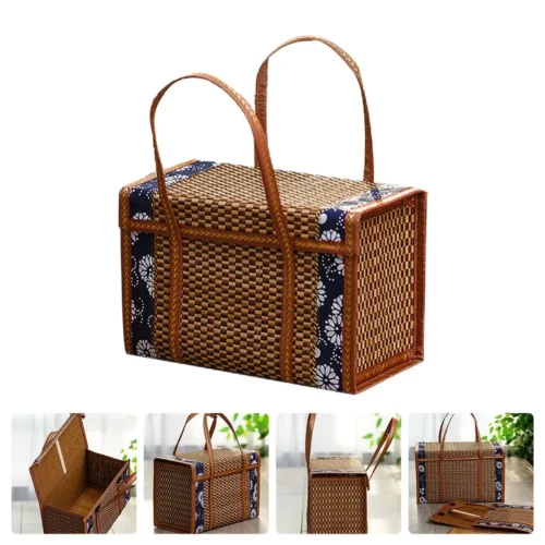 Hand-woven Multi-purpose Egg Basket Picnic Basket Bamboo Basket Fruits Rectangular Box Household Kitchen Supplies Organization
