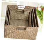 woven Seaweed Storage Baskets Rectangular Organizer Boxes Pantry Storage Laundry Basket Lid Home - Image 6
