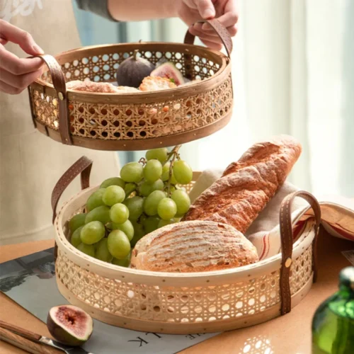Nordic Retro Handmade Rattan Storage Tray Leather Handle Fruit Bread Sundries Family Desktop Decoration Round Small Basket