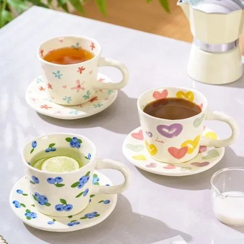 Ceramic Mugs and Saucers Hand Pinched Coffee Cup Cute Blueberry Love Milk Cups Breakfast Coffee Drinkware Mugs Christmas Gift