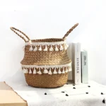 Handmade Bamboo Storage Baskets Foldable Laundry Straw Patchwork Wicker Rattan Seagrass Belly Garden Flower Pot Planter Basket