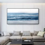 Large Ocean Beach Flowers Seascape Original Textured Painting On Canvas White Blue Sea Wave Wall Art Home Decor Art For Bedroom