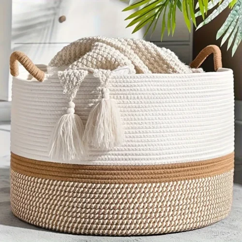 Cotton Rope Woven Foldable Storage Basket Portable Multi-purpose Clothes Hamper Laundry Basket for Bedroom Bathroom Organizer