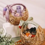 Flower Girl Baskets w/Handle and Ribbon Bow,Handwoven Flower Half Moon Flower Arrangement Basket - Image 6