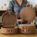 Practical Round Wicker Suitcase Large Capacity Dust-proof Picnic Basket Handmade Anti-impact Sundries Organizer for Home