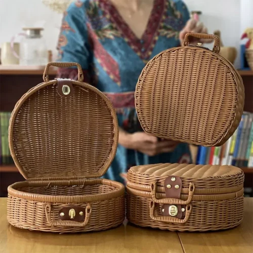 Practical Round Wicker Suitcase Large Capacity Dust-proof Picnic Basket Handmade Anti-impact Sundries Organizer for Home
