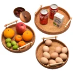 HEMU-Round Rattan Tray, Storage Basket, Tray with Wooden Handle, Bread, Fruit, Cake, Food Plate, Serving Tray for Home Kitchen - Image 3