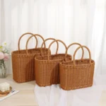 Home Storage Organizer Rattan Woven Basket With Handle Portable Picnic Basket Handwoven Rectangular Flower Basket Fruit - Image 4