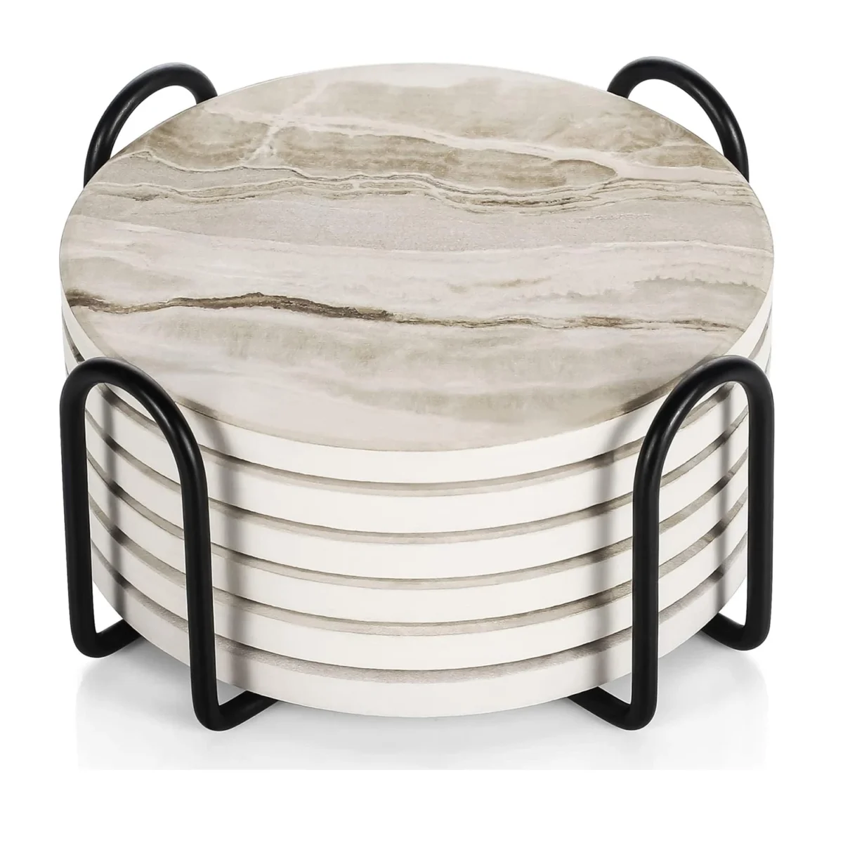 6Pcs Beverage Coaster Set with Bracket, Marble Style, Ceramic Beverage Coaster for Desktop Protection - Image 1