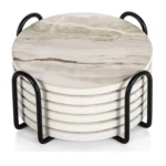 6Pcs Beverage Coaster Set with Bracket, Marble Style, Ceramic Beverage Coaster for Desktop Protection
