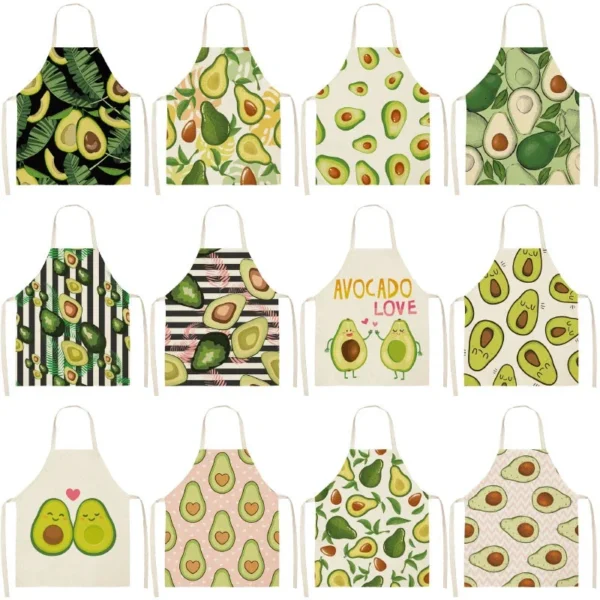 1PC Cotton Linen Apron Avocado Printed Kitchen Women Baking Waist Bib Home Cooking Brief Sleeveless Pinafore 55x68cm