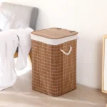 Corner Bamboo Laundry Hamper Foldable Laundry Basket with Lid Removable and Machine Washable Liner for Efficient Laundry - Image 2