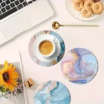 4 pieces of marble pattern printed coasters, suitable for daily family party decoration, office, non-slip wooden coasters - Image 4