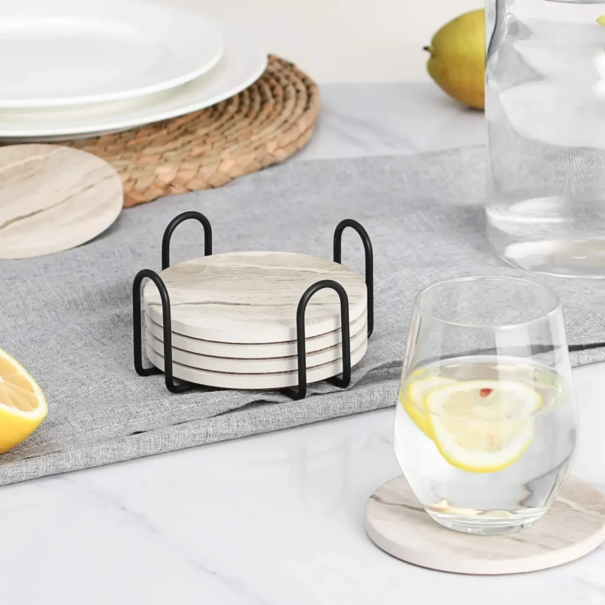 6Pcs Beverage Coaster Set with Bracket, Marble Style, Ceramic Beverage Coaster for Desktop Protection - Image 4