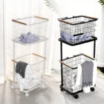 2-Tier Laundry Cart with Wheels - Stylish Metal Frame, 2-Section Storage Basket for Efficient Laundry Organization - Image 5