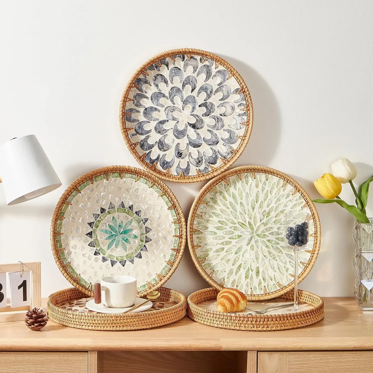 Round Rattan Tray with Mother of Pearl Inlay Rattan Serving Tray Wooden Base Storage and Display of Coffee Bread Food Fruit - Image 5