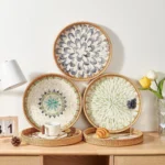 Round Rattan Tray with Mother of Pearl Inlay Rattan Serving Tray Wooden Base Storage and Display of Coffee Bread Food Fruit - Image 5