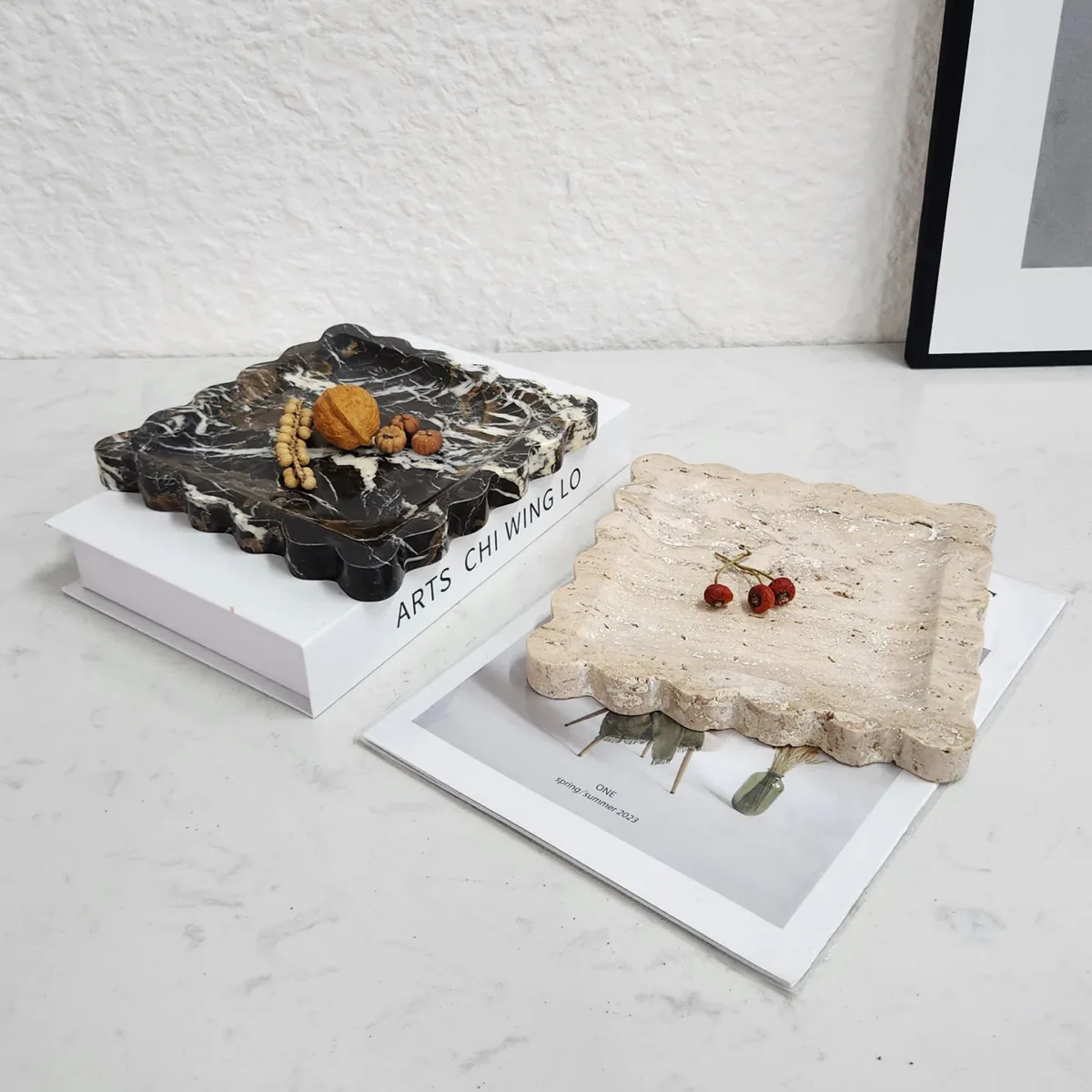 Natural Marble Travertine Tray Square Scalloped Edge Natural Stone Jewelry Organizer Home Decor Storage for Key Rings Essentials - Image 3