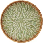 Round Rattan Tray with Mother of Pearl Inlay Rattan Serving Tray Wooden Base Storage and Display of Coffee Bread Food Fruit