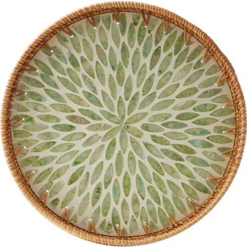 Round Rattan Tray with Mother of Pearl Inlay Rattan Serving Tray Wooden Base Storage and Display of Coffee Bread Food Fruit