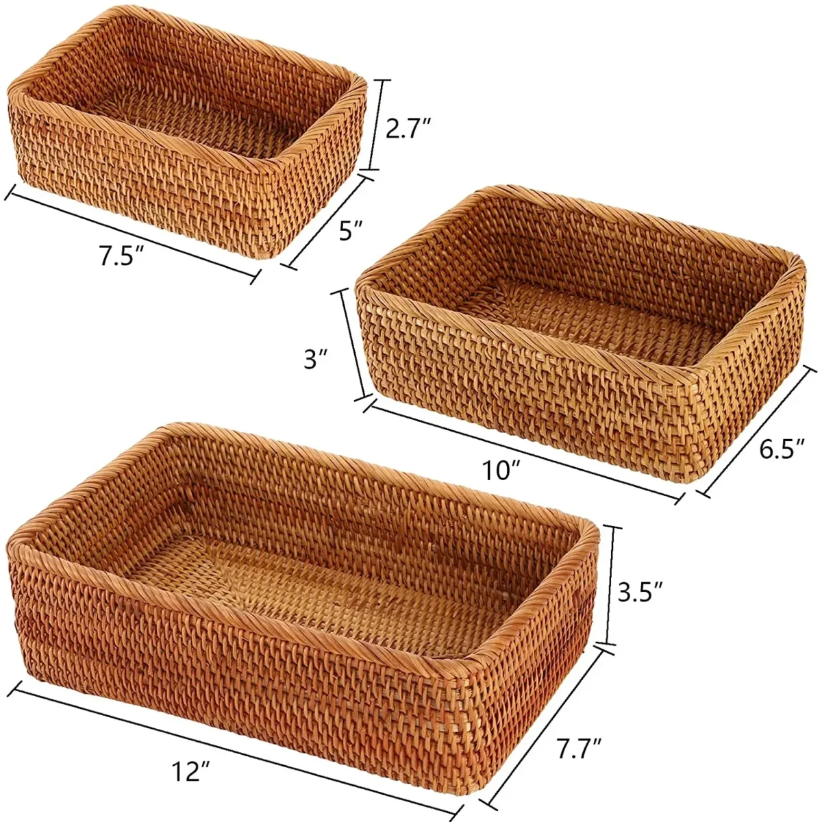 3 Sizes Rectangular Rattan Storage Baskets, Handmade Woven Nesting Wicker Baskets for Decor, Fruit Tray and Snack Storage Box - Image 2