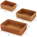 3 Sizes Rectangular Rattan Storage Baskets, Handmade Woven Nesting Wicker Baskets for Decor, Fruit Tray and Snack Storage Box - Image 2
