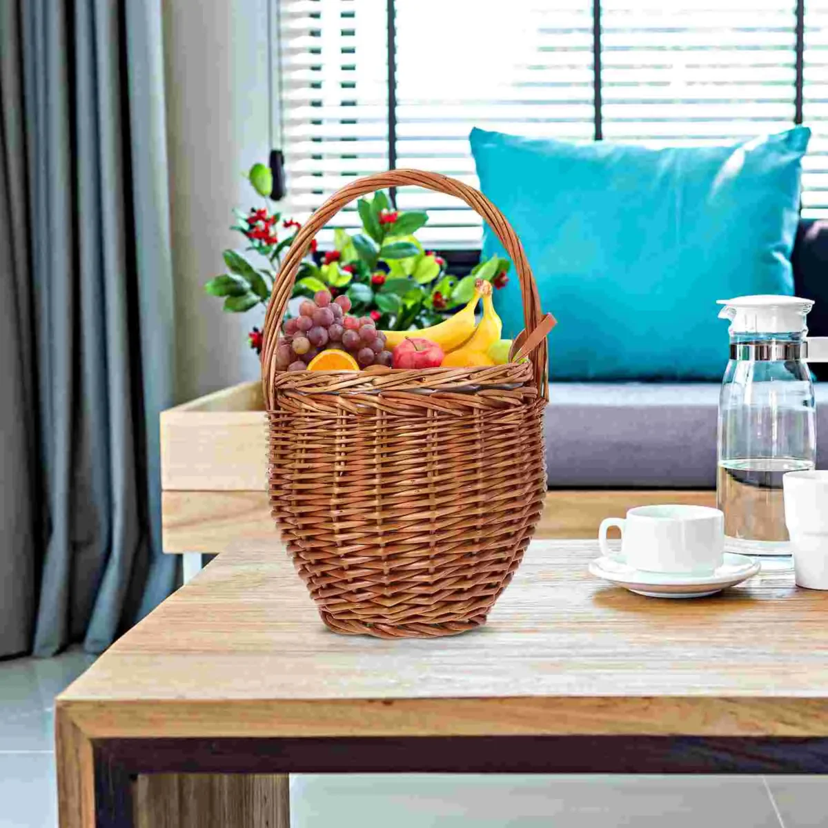 Foldable Picnic Basket Wicker Tray Decor Daily Supplies Multi-function Storage Shopping Bins with Lids - Image 3