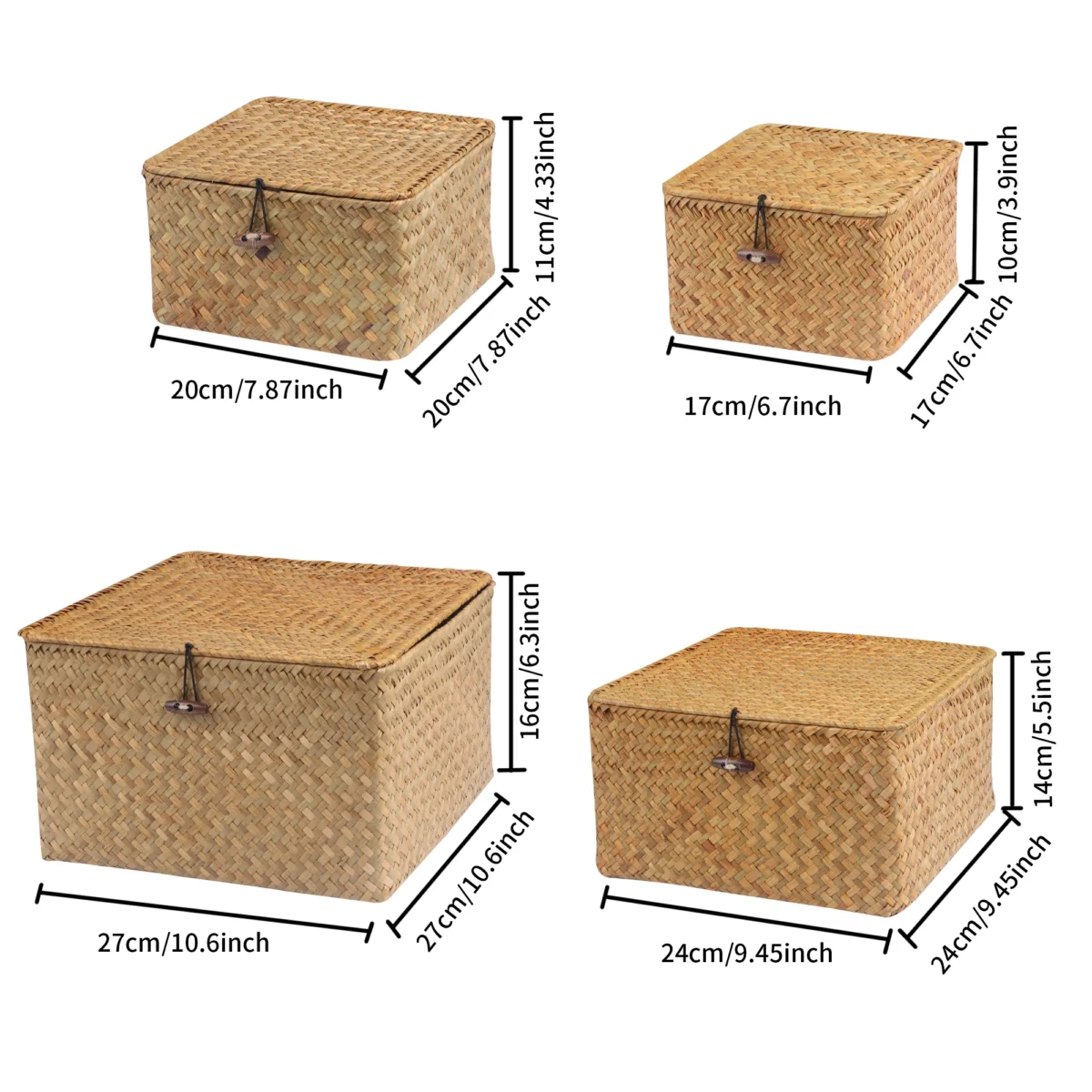 Set of 4 Seagrass Basket with Lid Wicker Storage Basket Decor Storage Boxes Flat Storage Bins Woven Organizer Baskets for Shelf - Image 4