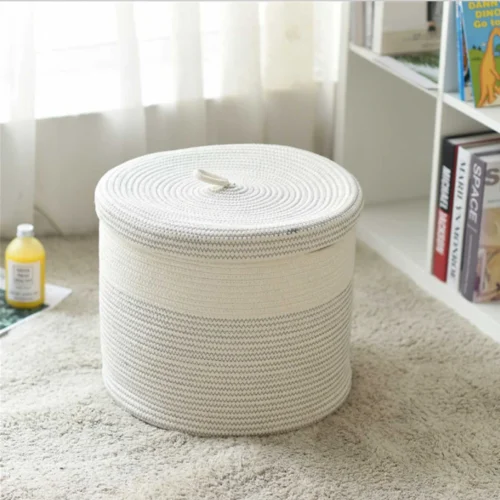 Cotton Foldable Laundry Basket with Lid for Clothes Toys Woven Collapsible Hamper Home Storage Organizer for Living Room Bedroom