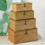 Shelf Baskets with Lid Set of 3 Handwoven Seagrass Storage Box Wicker Basket Desktop Makeup Organizer Multipurpose Container - Image 5