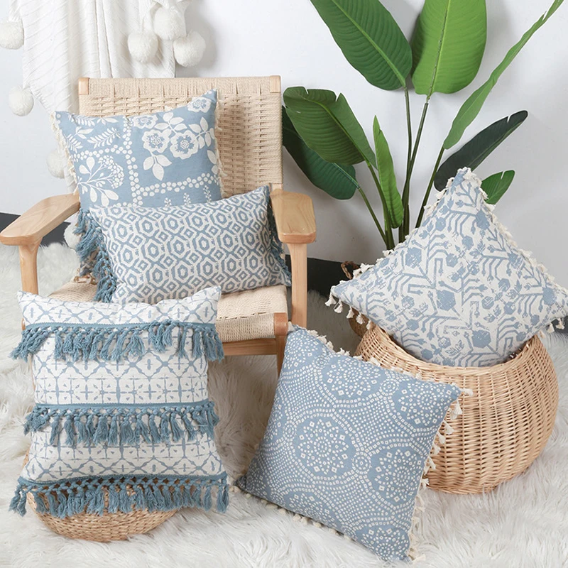 Vintage Blue Green Cushion Cover With Tassels 30X50/45X45cm Cotton Retro Throw Pillowcase For Sofa Backrest Home Decor 1 kf S7d496b1007244c3aa0817742fe53b86aP