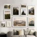 Rustic Mountain Gallery Wall Art Prints Vintage Forest Landscape Oil Painting Canvas Poster Nature Art Pictures Farmhouse Decor