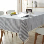 Chic Cotton Linen Stripe Tablecloth with Tassels for Dining Elegance - Image 2