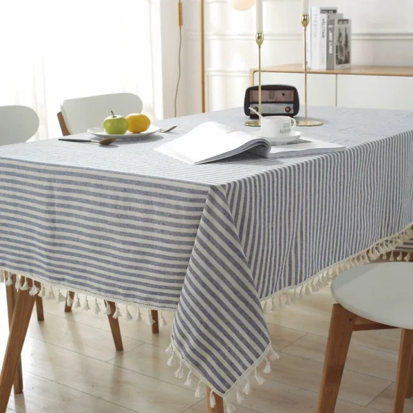 Chic Cotton Linen Stripe Tablecloth with Tassels for Dining Elegance