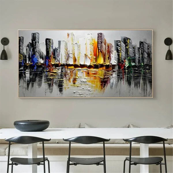 Landscape Oil Painting Colorful Hand Painted Oil Painting Grey Canvas Abstract City Texture Wall Art Modern New York Cityscape