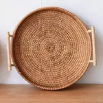 1PC Woven Rattan Storage Basket with Strap Handle round Tray for Bread Snacks Fruits Picnic - Home Organization Basket - Image 4