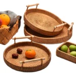 HEMU-Round Rattan Tray, Storage Basket, Tray with Wooden Handle, Bread, Fruit, Cake, Food Plate, Serving Tray for Home Kitchen