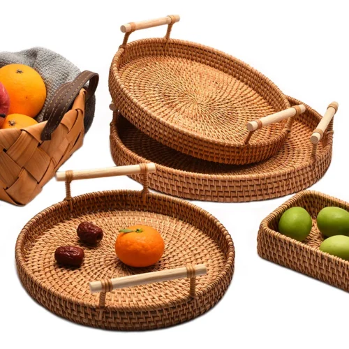 HEMU-Round Rattan Tray, Storage Basket, Tray with Wooden Handle, Bread, Fruit, Cake, Food Plate, Serving Tray for Home Kitchen