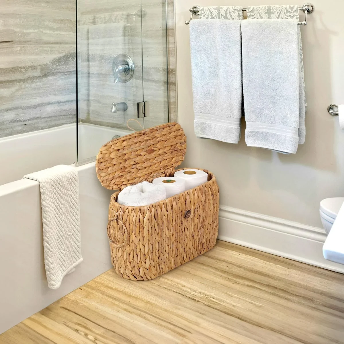 Toilet Paper Storage, Water Hyacinth Baskets with Lid, Toilet Paper Baskets for Storage Holder 6 Rolls, Papers Basket with Built - Image 5