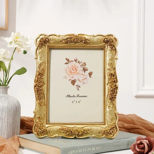 Golden Rose Relief Photo Frame - Elegant European Decor Piece