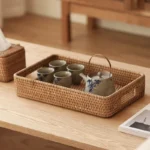 Rectangle Rattan Storage Basket Groceries Tea Set Tray Bread Fruit Basket Home Use Living Room Handmade Weave Organize Tray