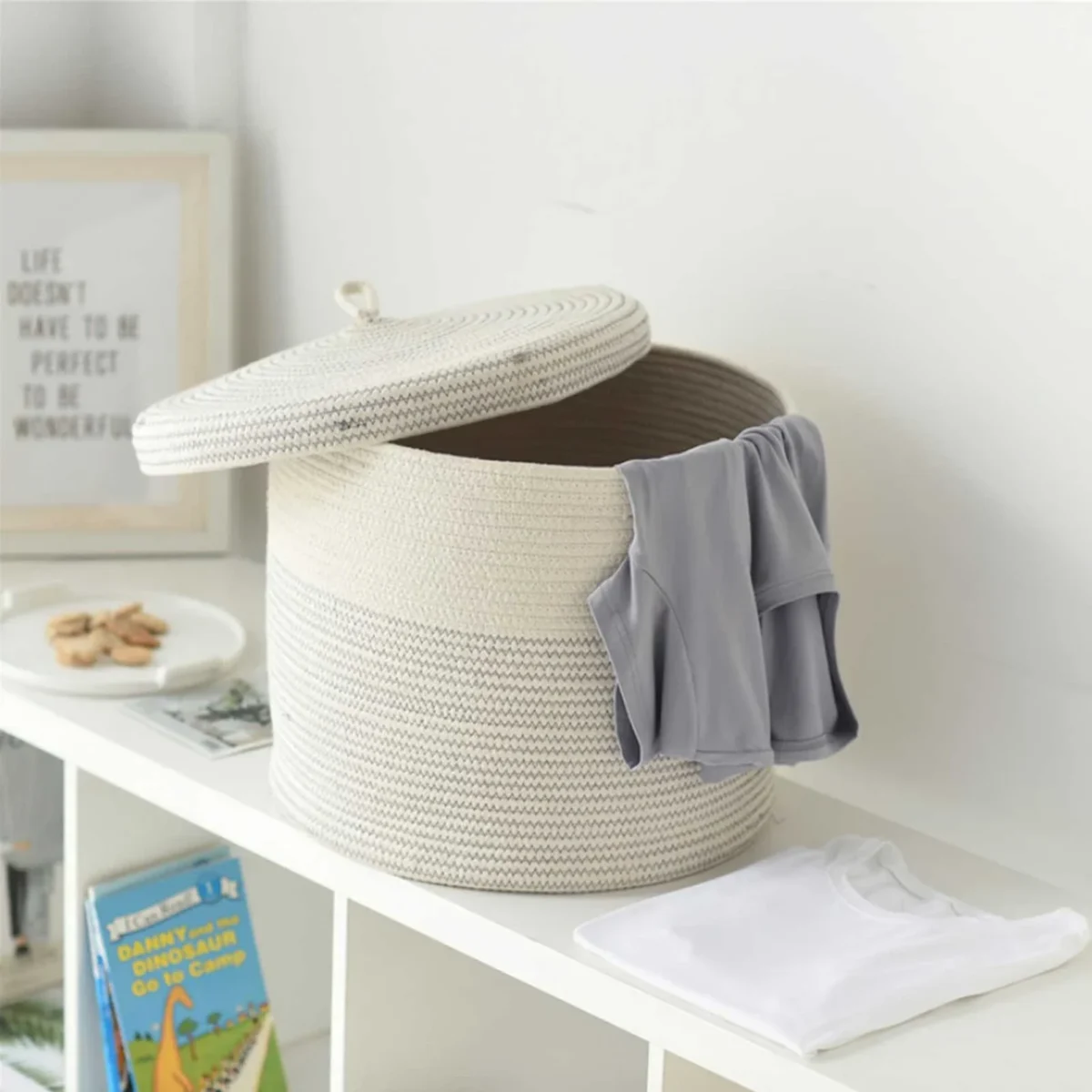 Cotton Foldable Laundry Basket With Lid For Clothes Toys Woven Collapsible Hamper Home Storage Organizer For Living Room Bedroom - Image 3