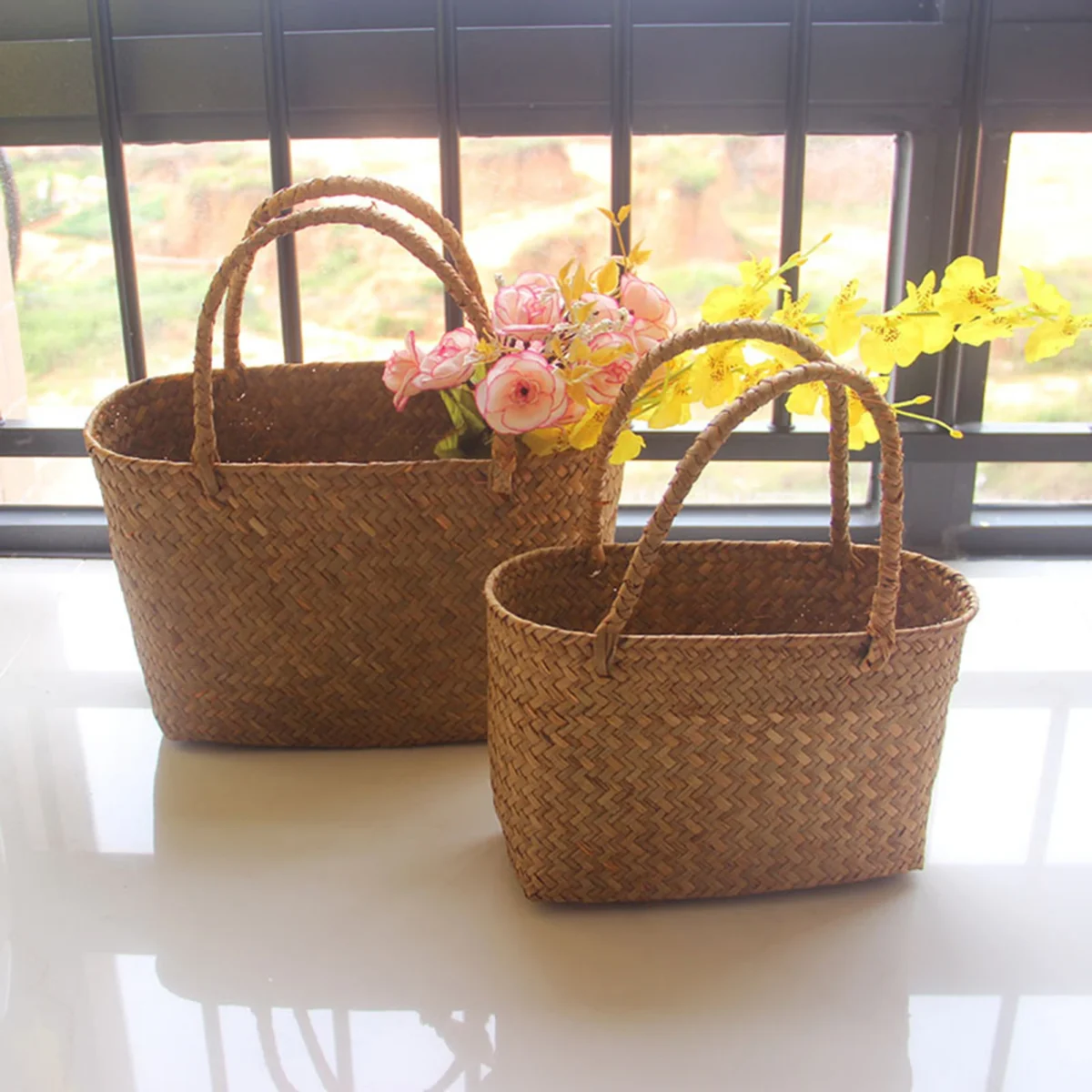Seaweeds Woven Portable Flower Basket Handbag Durable Laundry Basket Market Bag for Outing Picnic Clothes Storage - Image 5