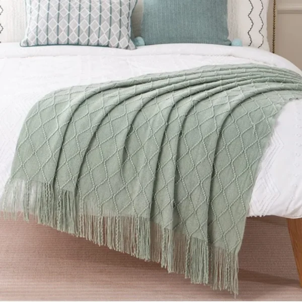 Saga Green Knitted Throw Blankets With Fringes Overzised Chunky Cozy Vintage Farmhouse Gift Textured Throw Blanket Home Décor
