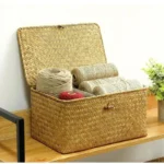 +Handwoven Seagrass Shelf Basket with Lid, Rectangular Desktop Organizer for Makeup & Sundries - Image 2