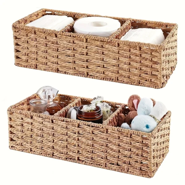 1pc Woven Three-Compartment Storage Basket, Handmade Paper Rope & Willow Storage Bin, Toilet Tank Top Tissue Box Holder